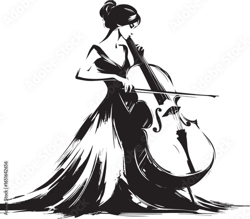 Elegant woman immersed in cello performance with flowing gown an
