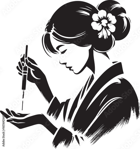Elegant woman meticulously pipetting a glowing essence in sumi-e