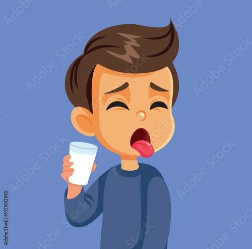Little Boy Hates the Taste of Healthy Milk Vector Cartoon. Unhappy kid rejecting diary product feeling squeamish 
