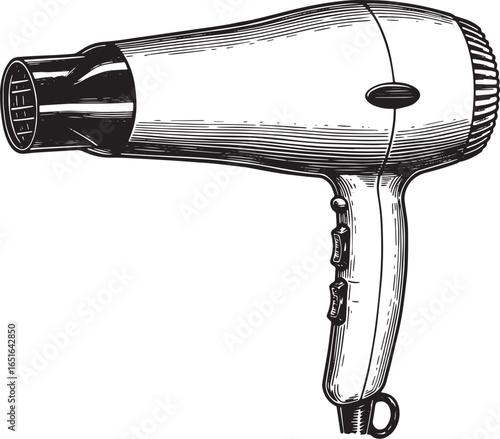 Detailed Woodcut Style Illustration of a Classic Hair Dryer on a