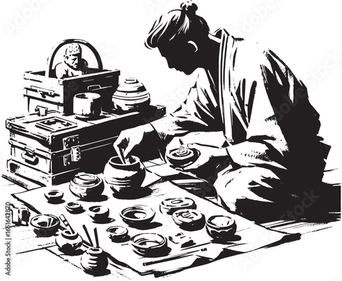 A meticulous study: Sumi-e illustration of a curator and unearth