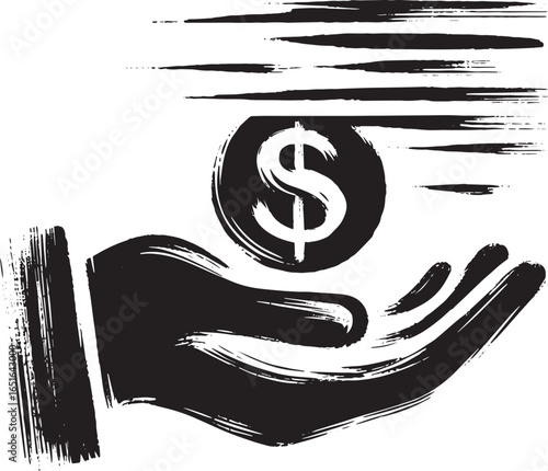 Monochromatic donation icon featuring a hand holding a coin in b