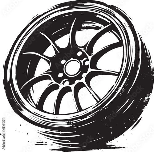 Abstract sumi-e illustration of a stylized wheel rim showcasing