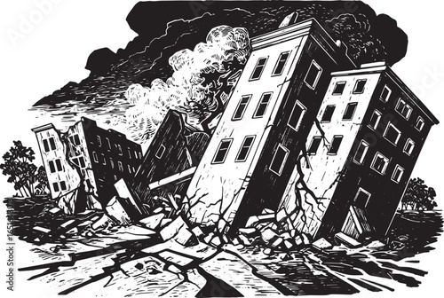 Monochrome woodcut illustration depicting earthquake devastation