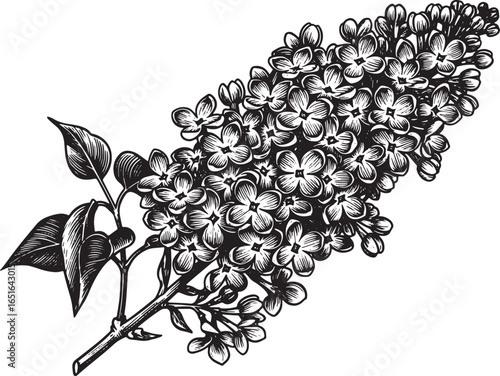 Elegant lilac branch in woodcut style, detailed floral illustrat