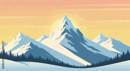 Snow-Covered Mountain Sunrise with Pine Tree Silhouettes