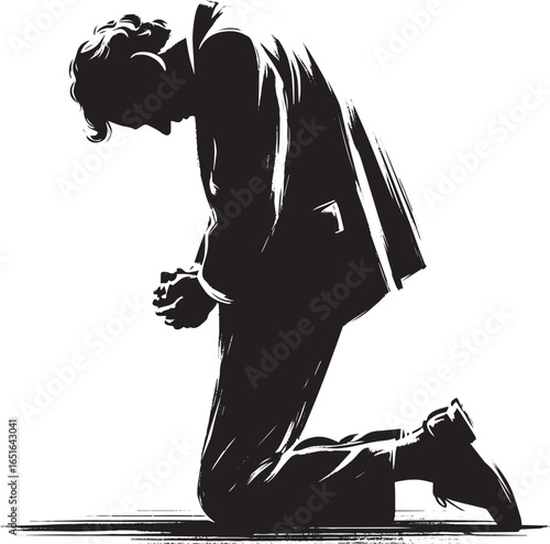 Silhouette of a kneeling man in deep contemplation using minimal