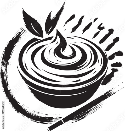Elegant sumi-e style illustration of tzatziki with pita bread in