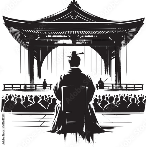 Sumi-e illustration depicting a theatrical performance in tradit