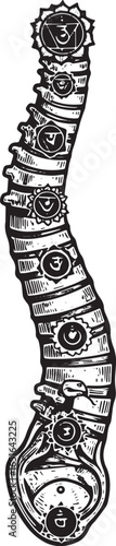 Kundalini energy centers illustration in woodcut style, isolated