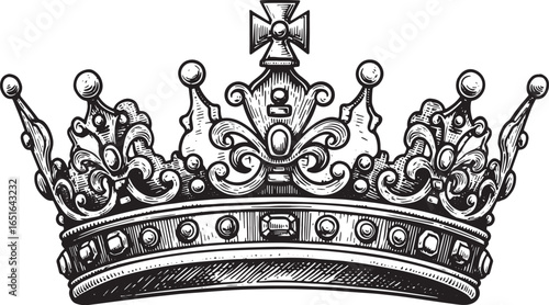 Queen's regalia in intricate woodcut, ornate crown for royal ima