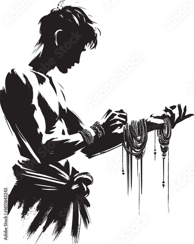 Elegant monochrome depiction of a man adorning himself with orna