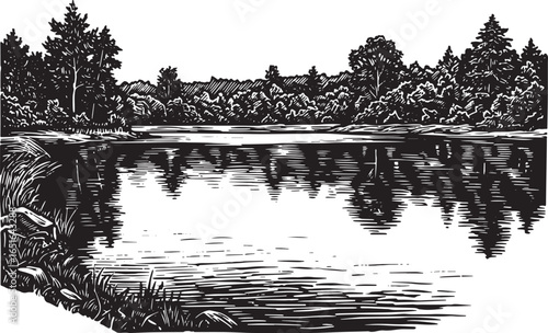 Serene Lakeside Retreat: An Engraved Woodcut Landscape Reflectio