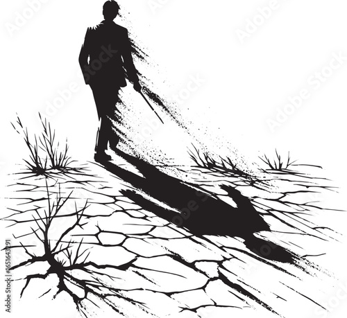 Monochrome depiction of a solitary figure casting a shadow on pa