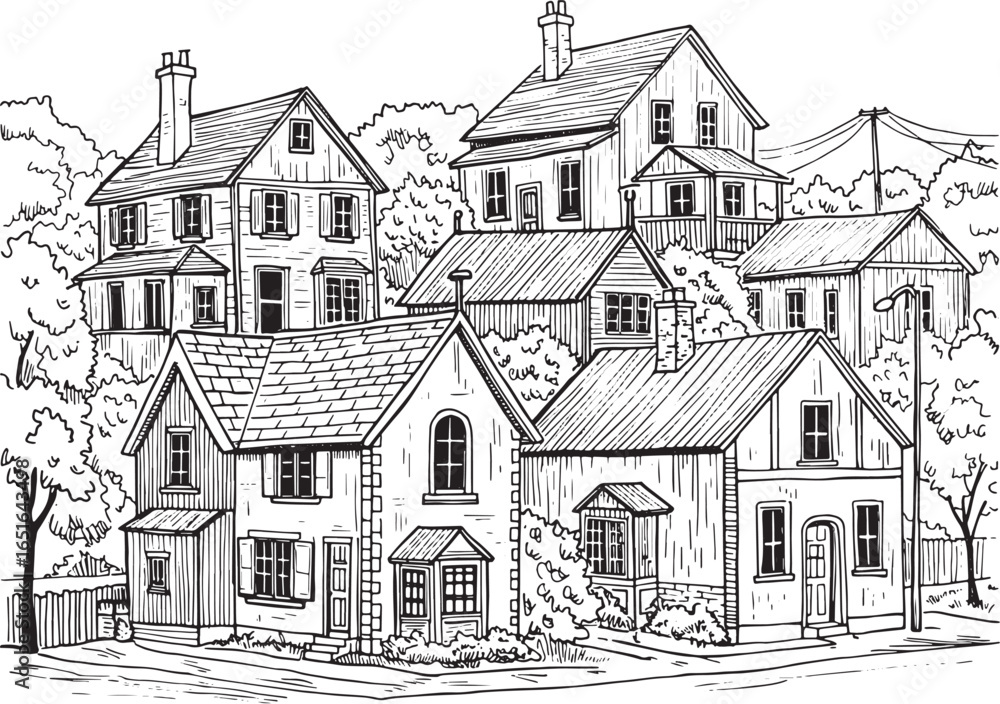 Fototapeta premium Serene Suburban Vista: A Detailed Black and White Architectural