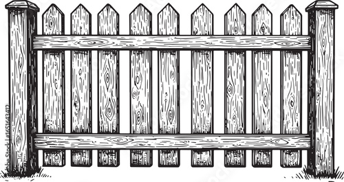 Detailed hand-drawn wooden picket fence illustration in black an