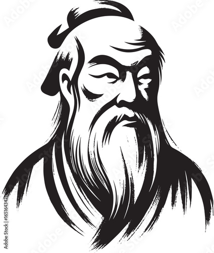 Ink wash painting portraying an ancient philosopher with a flowi