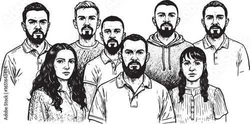 Diverse group portrait in ink drawing style featuring a modern e