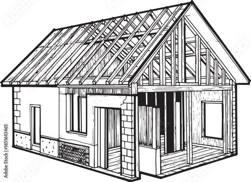 Architectural woodcut style drawing of a home under construction