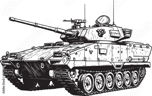 Monochrome Illustration of Armored Fire Support Vehicle in Detai