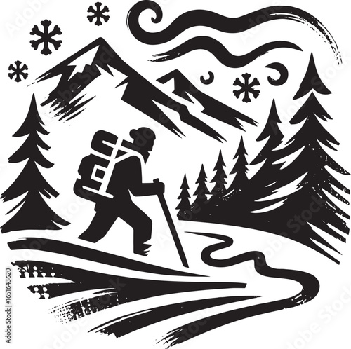 Minimalist sumi-e style winter hiking icon, evokes peaceful snow