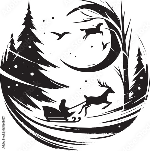 Monochrome winter wonderland scene with reindeers, sleigh, moon,