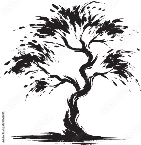 Elegant brushstroke Tulip Tree illustration in sumi-e style, min