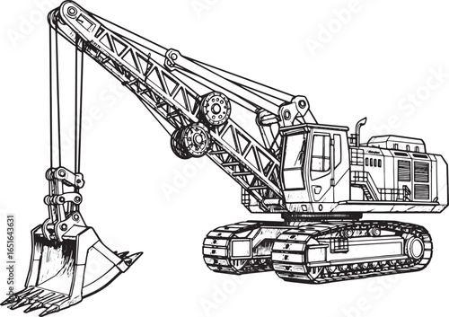 Detailed Sketch of a Massive Dragline Excavator for Heavy Indust