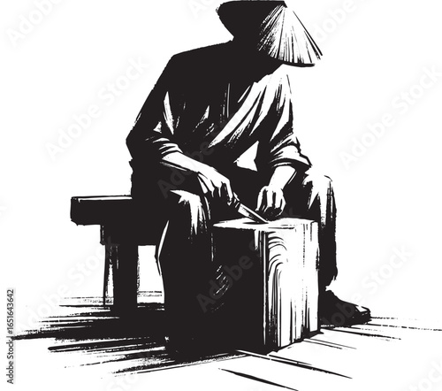 Sumi-e illustration of a seated man skillfully carving wood with
