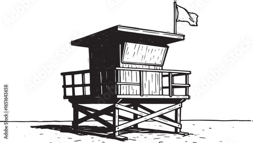 Monochrome woodcut-style drawing featuring a lifeguard tower wit