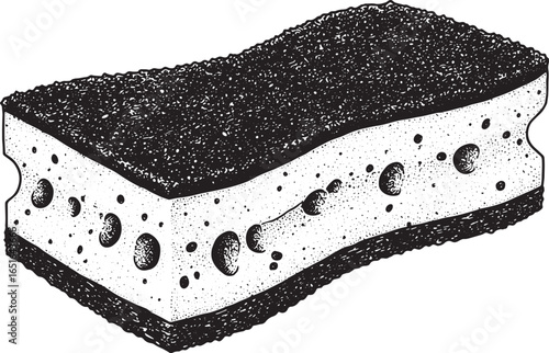 Engraved illustration of porous cleaning sponge for household ch