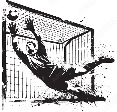 Dynamic soccer goalkeeper saving in ink wash style illustration,