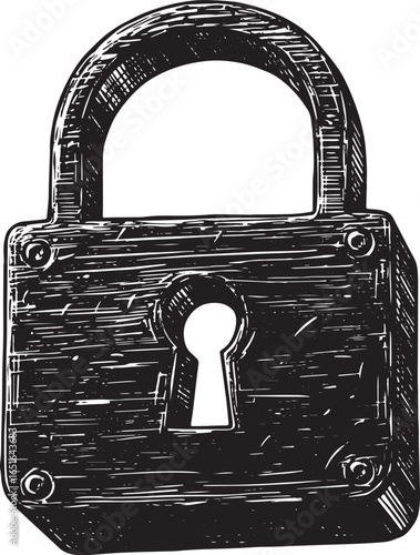 Intricate Woodcut Style Padlock Illustration with Vintage Aesthe