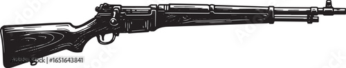 Detailed woodcut drawing of an M1 Garand rifle on an isolated wh