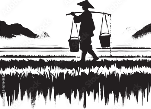 Monochrome sumi-e illustration of a farmer carrying water bucket