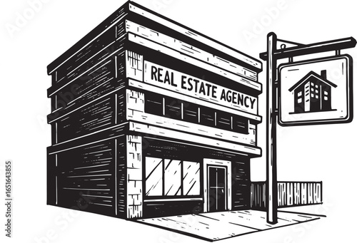Vintage Woodcut Illustration of a Real Estate Agency Building wi