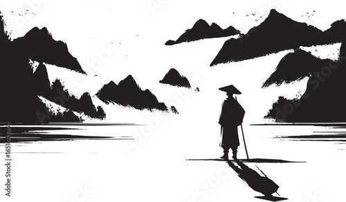 A lone traveler contemplates the majestic mountain range in mini