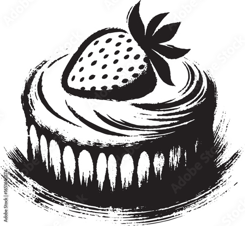 Minimalist Sumi-e Style Illustration of a Strawberry Shortcake D