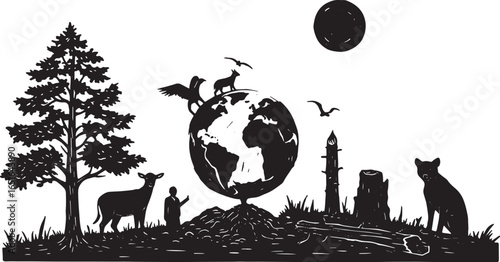Monochrome Woodcut Illustration Depicting Environmental Balance