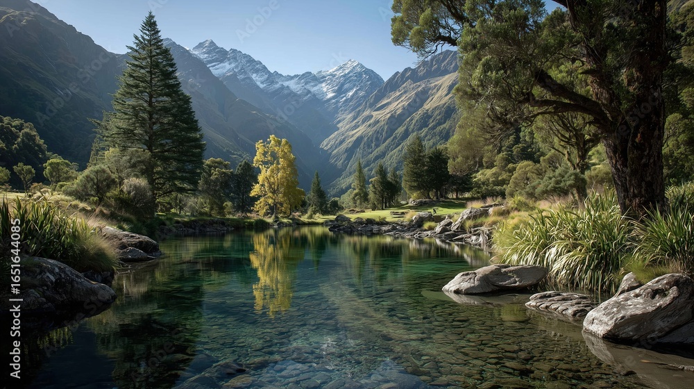 Fototapeta premium Crystal-Clear Alpine Lake in New Zealand Reflecting Snow-Covered Mountains at Golden Hour with Serene and Pristine Nature Scenery 