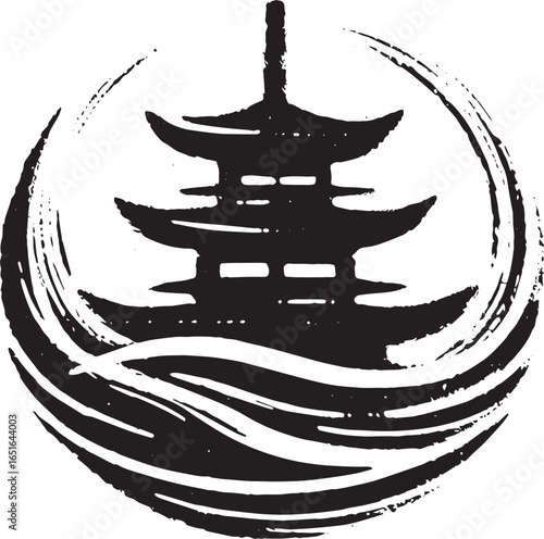 Monochrome sumi-e style pagoda icon encircled by flowing wave br