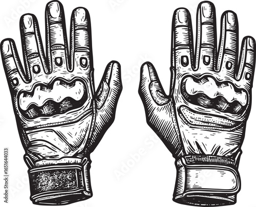 Detailed Woodcut Illustration of Combat Gloves, Black and White