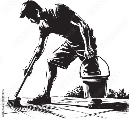 Monochrome illustration of a man sweeping a patio with a bucket