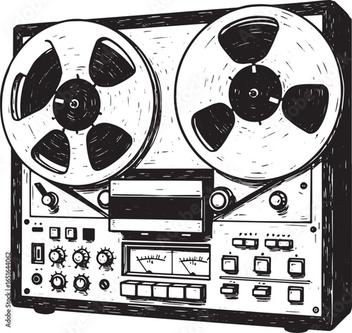 Vintage reel-to-reel tape recorder illustration in detailed blac