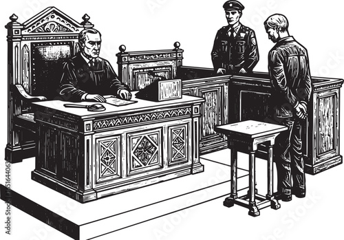 Engraved courtroom scene depicting law process with judge and de