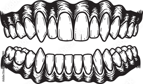 Eerie Jaws: Detailed Woodcut Illustration of Teeth, Ideal for Ha