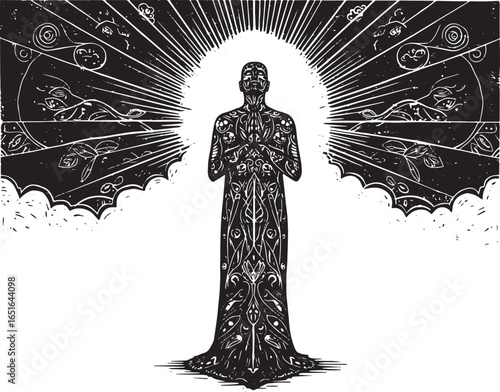 Serene Contemplation Woodcut: A Symbolic Journey of Inner Peace
