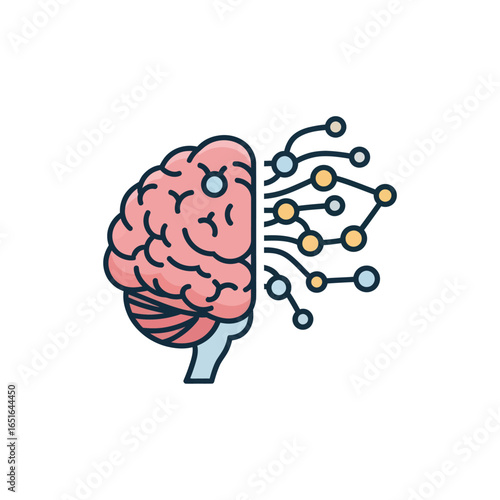 A conceptual icon of a brain, half organic and half a digital network, symbolizing artificial intelligence.