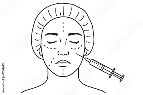Patient receiving liposuction marking, face and neck, healthcare line art for cosmetic surgery liposuction healthcare lineart