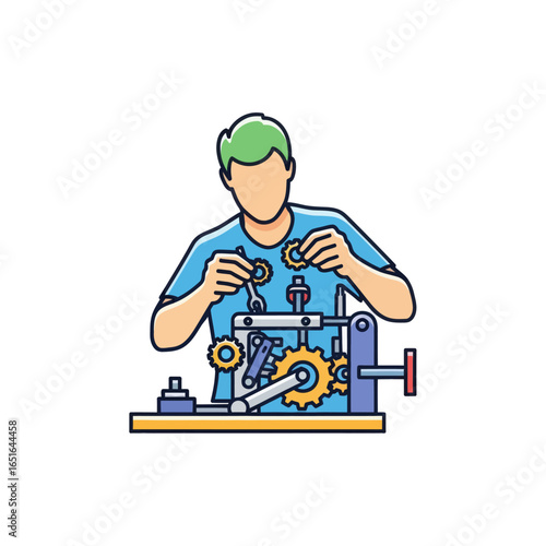 A cartoon illustration of a young engineer with green hair assembling a complex mechanical device with gears and a wrench.